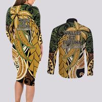 Wallis and Futuna Victory Day Couples Matching Long Sleeve Bodycon Dress and Long Sleeve Button Shirt Since 1945 with Polynesian Platinum Floral Tribal LT9 - Polynesian Pride