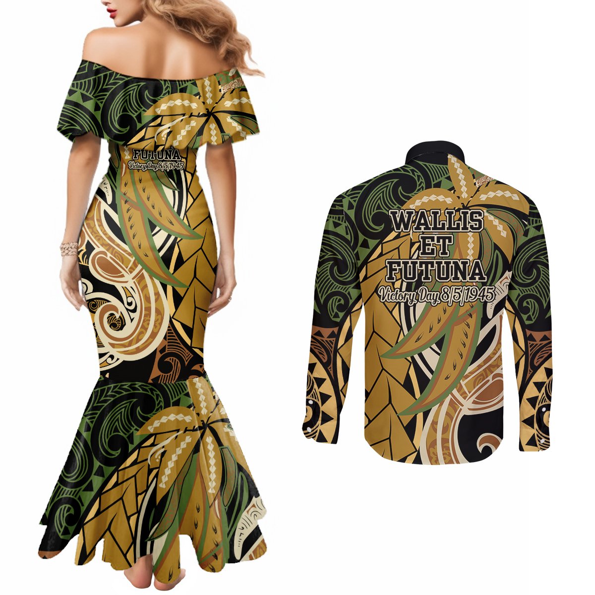 Wallis and Futuna Victory Day Couples Matching Mermaid Dress and Long Sleeve Button Shirt Since 1945 with Polynesian Platinum Floral Tribal LT9 - Polynesian Pride