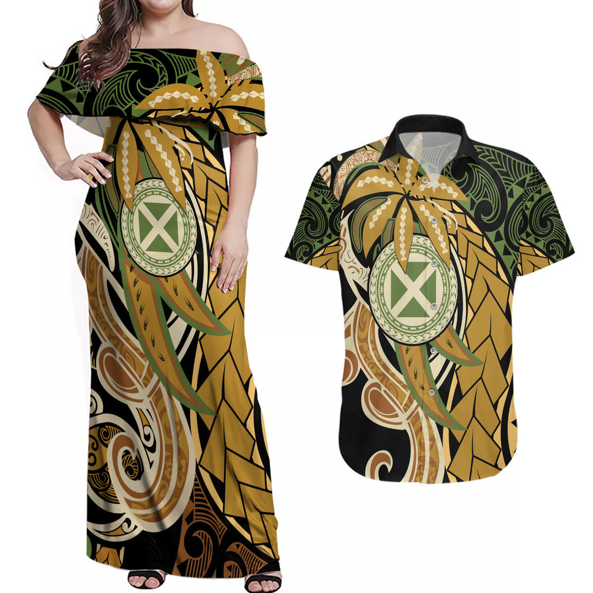 Wallis and Futuna Victory Day Couples Matching Off Shoulder Maxi Dress and Hawaiian Shirt Since 1945 with Polynesian Platinum Floral Tribal LT9 Red - Polynesian Pride