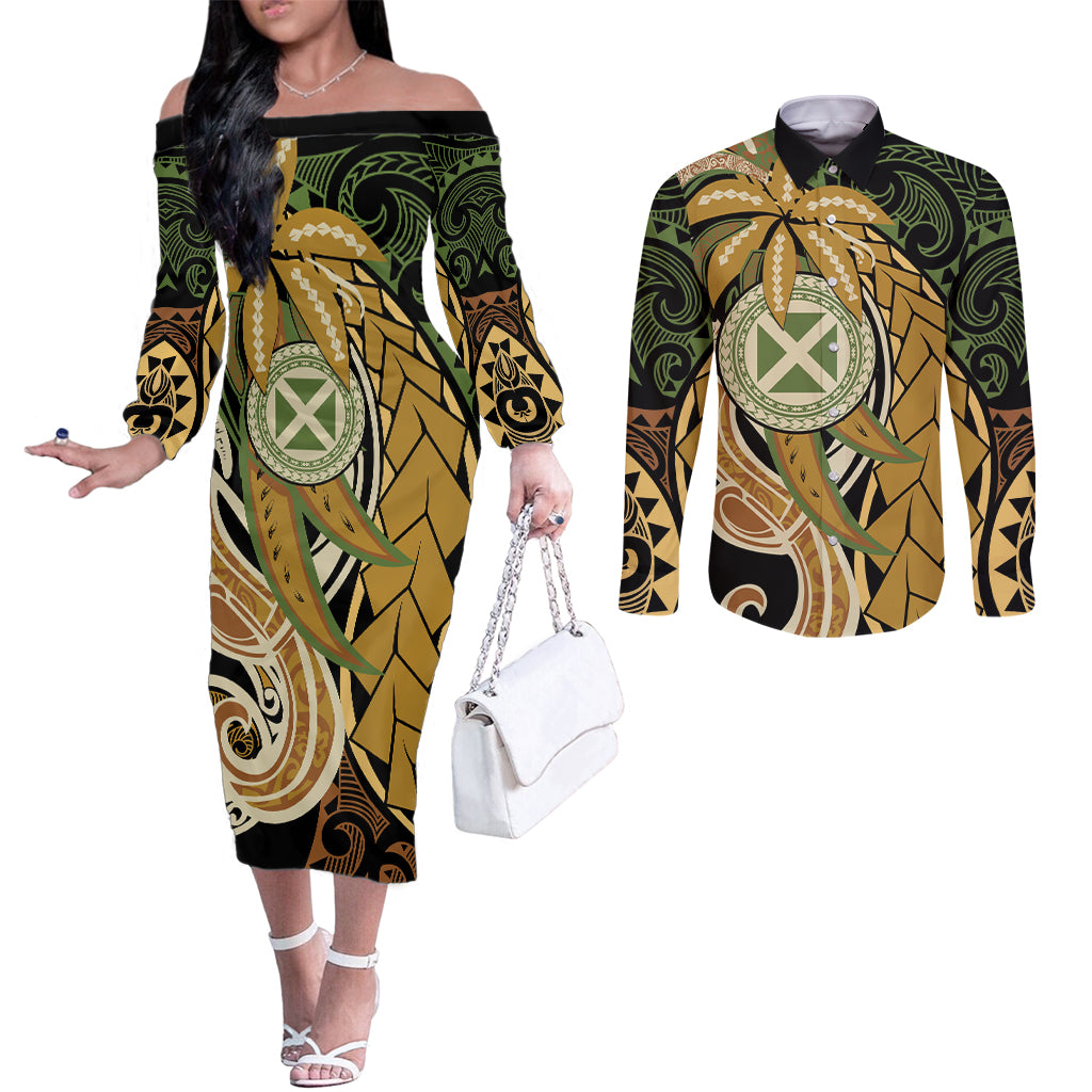 Wallis and Futuna Victory Day Couples Matching Off The Shoulder Long Sleeve Dress and Long Sleeve Button Shirt Since 1945 with Polynesian Platinum Floral Tribal LT9 Red - Polynesian Pride