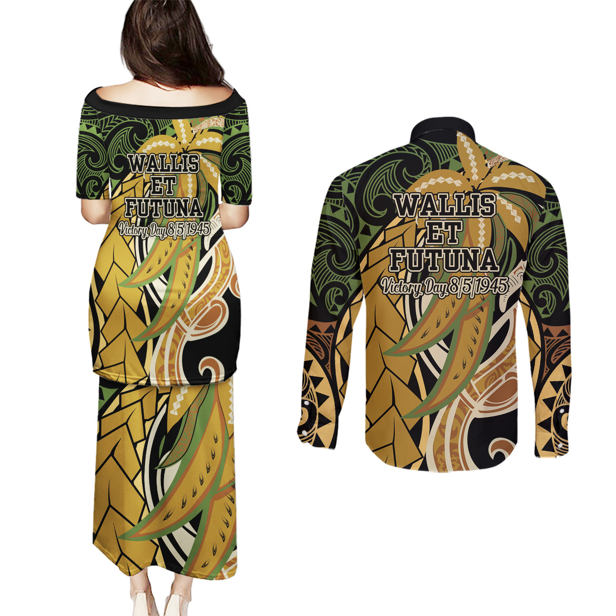 Wallis and Futuna Victory Day Couples Matching Puletasi and Long Sleeve Button Shirt Since 1945 with Polynesian Platinum Floral Tribal LT9 - Polynesian Pride