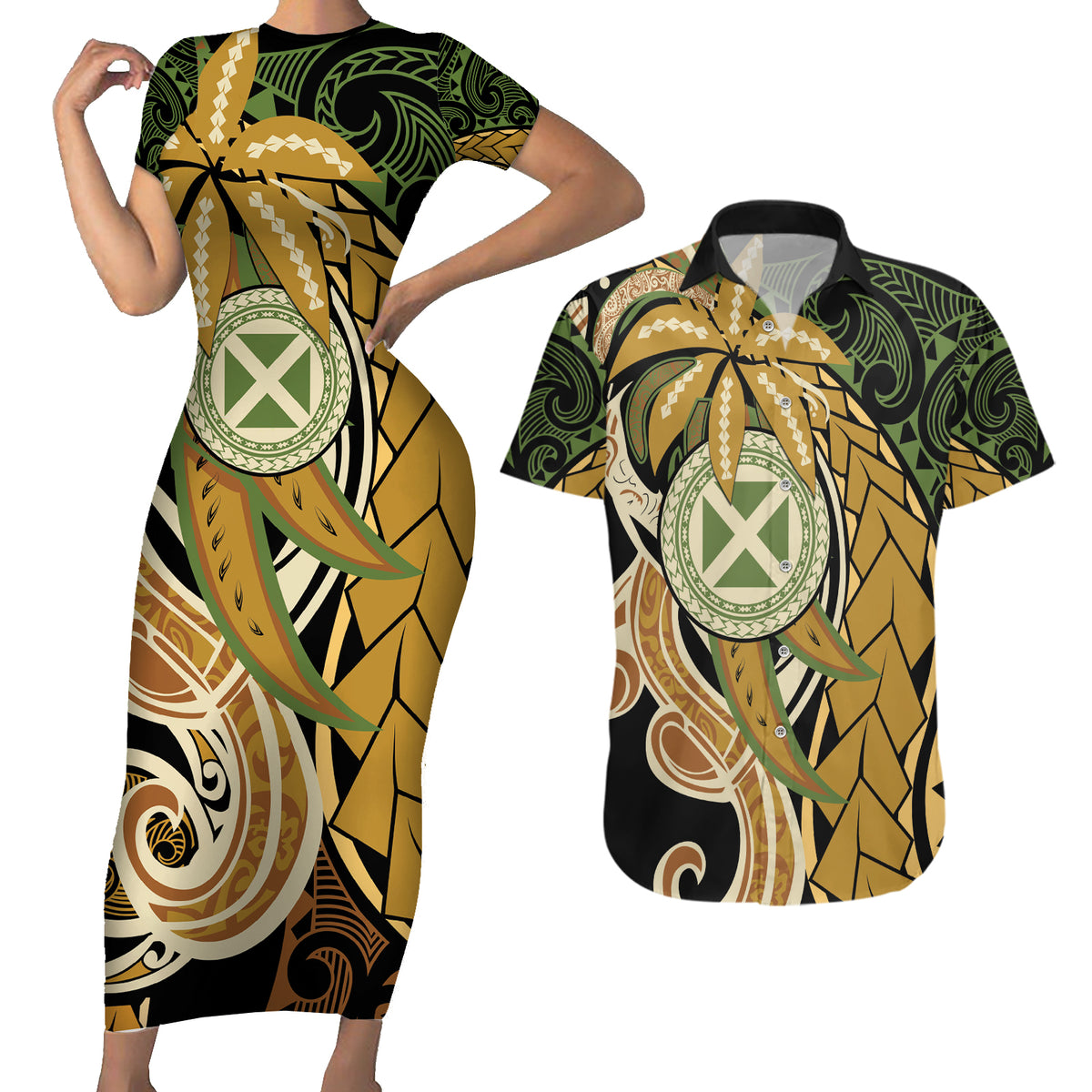 Wallis and Futuna Victory Day Couples Matching Short Sleeve Bodycon Dress and Hawaiian Shirt Since 1945 with Polynesian Platinum Floral Tribal LT9 Red - Polynesian Pride