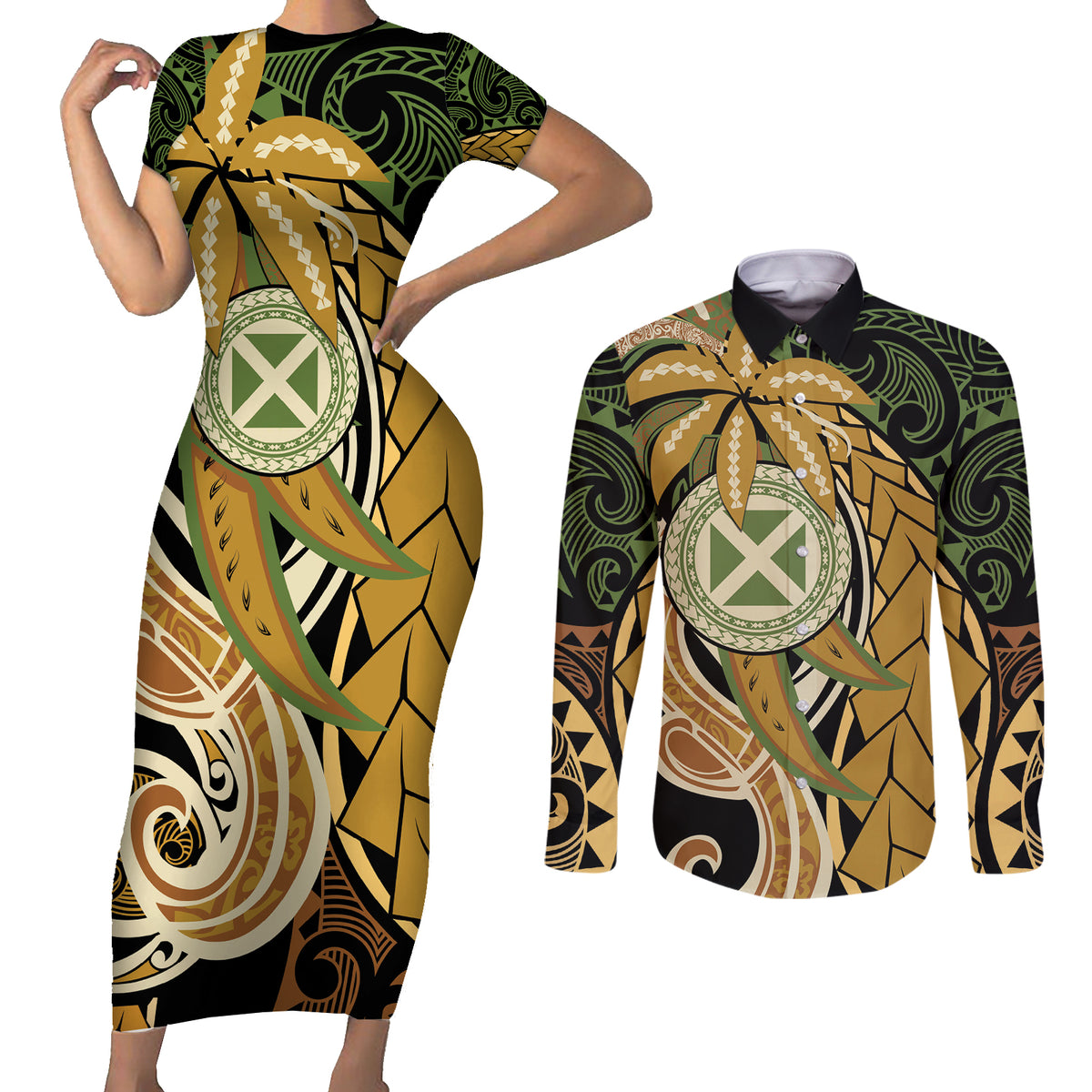 Wallis and Futuna Victory Day Couples Matching Short Sleeve Bodycon Dress and Long Sleeve Button Shirt Since 1945 with Polynesian Platinum Floral Tribal LT9 Red - Polynesian Pride
