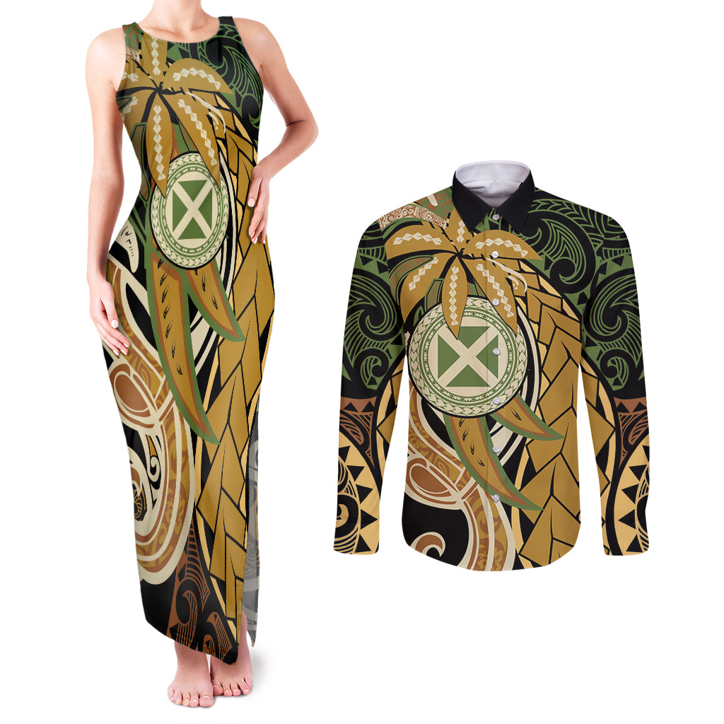 Wallis and Futuna Victory Day Couples Matching Tank Maxi Dress and Long Sleeve Button Shirt Since 1945 with Polynesian Platinum Floral Tribal LT9 Red - Polynesian Pride