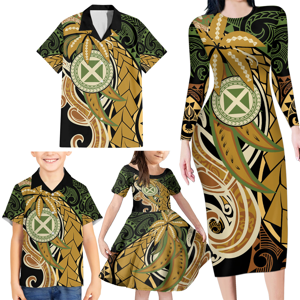 Wallis and Futuna Victory Day Family Matching Long Sleeve Bodycon Dress and Hawaiian Shirt Since 1945 with Polynesian Platinum Floral Tribal LT9 - Polynesian Pride