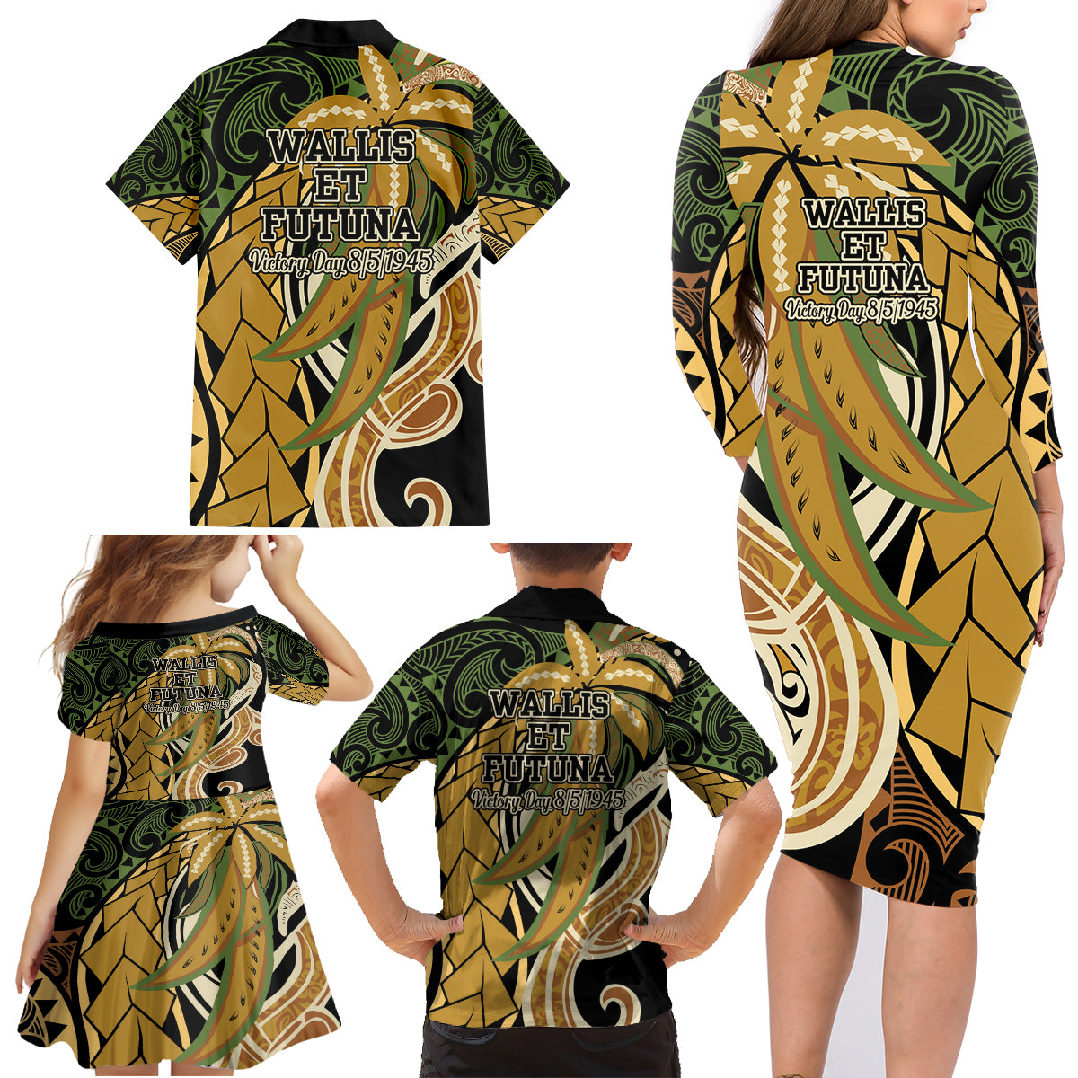 Wallis and Futuna Victory Day Family Matching Long Sleeve Bodycon Dress and Hawaiian Shirt Since 1945 with Polynesian Platinum Floral Tribal LT9 - Polynesian Pride