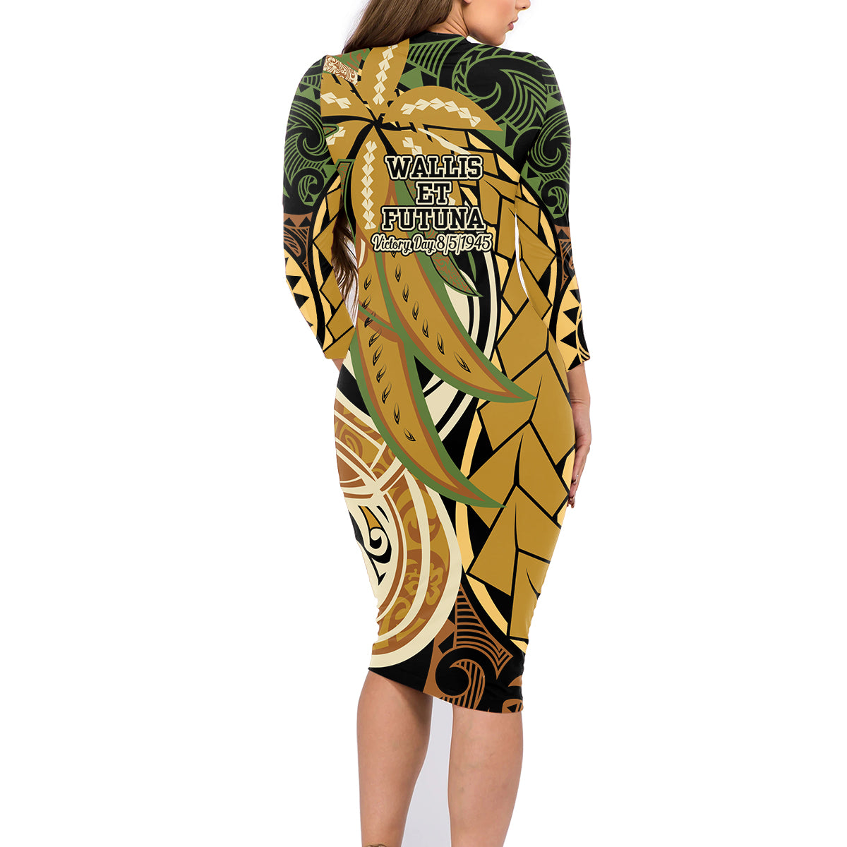 Wallis and Futuna Victory Day Family Matching Long Sleeve Bodycon Dress and Hawaiian Shirt Since 1945 with Polynesian Platinum Floral Tribal LT9 - Polynesian Pride