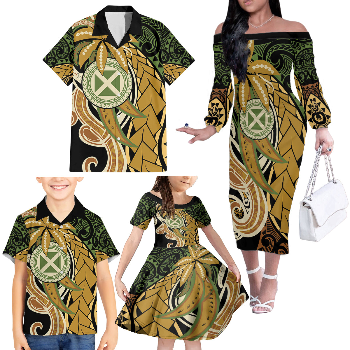 Wallis and Futuna Victory Day Family Matching Off The Shoulder Long Sleeve Dress and Hawaiian Shirt Since 1945 with Polynesian Platinum Floral Tribal LT9 - Polynesian Pride