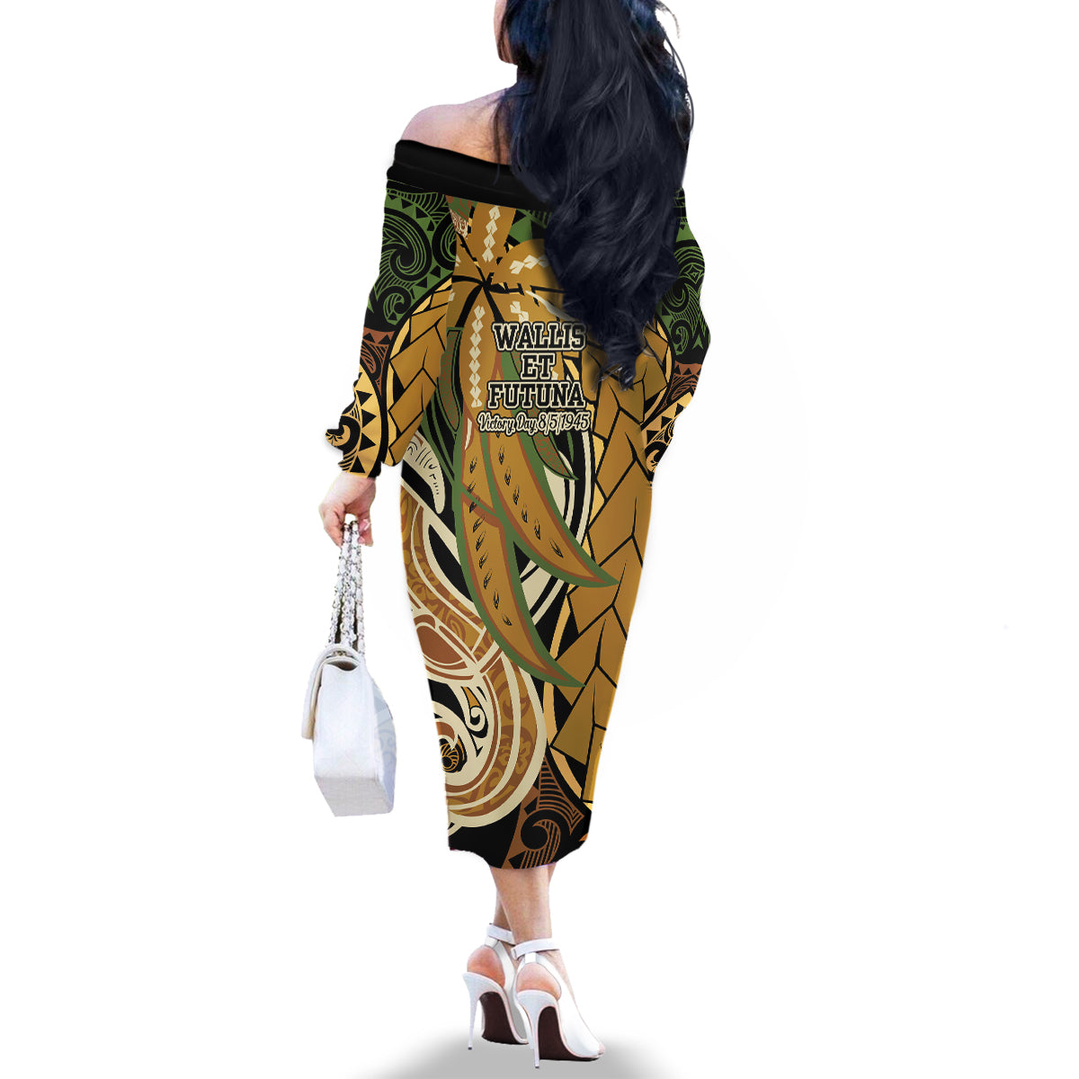 Wallis and Futuna Victory Day Family Matching Off The Shoulder Long Sleeve Dress and Hawaiian Shirt Since 1945 with Polynesian Platinum Floral Tribal LT9 - Polynesian Pride