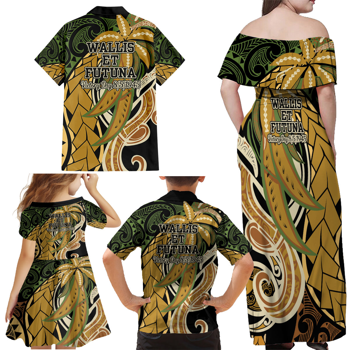 Wallis and Futuna Victory Day Family Matching Off Shoulder Maxi Dress and Hawaiian Shirt Since 1945 with Polynesian Platinum Floral Tribal LT9 - Polynesian Pride
