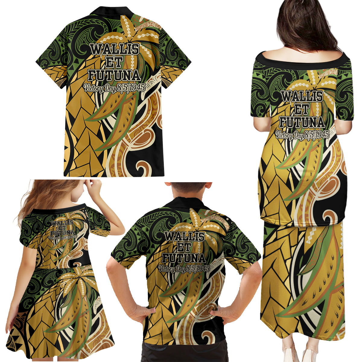 Wallis and Futuna Victory Day Family Matching Puletasi and Hawaiian Shirt Since 1945 with Polynesian Platinum Floral Tribal LT9 - Polynesian Pride