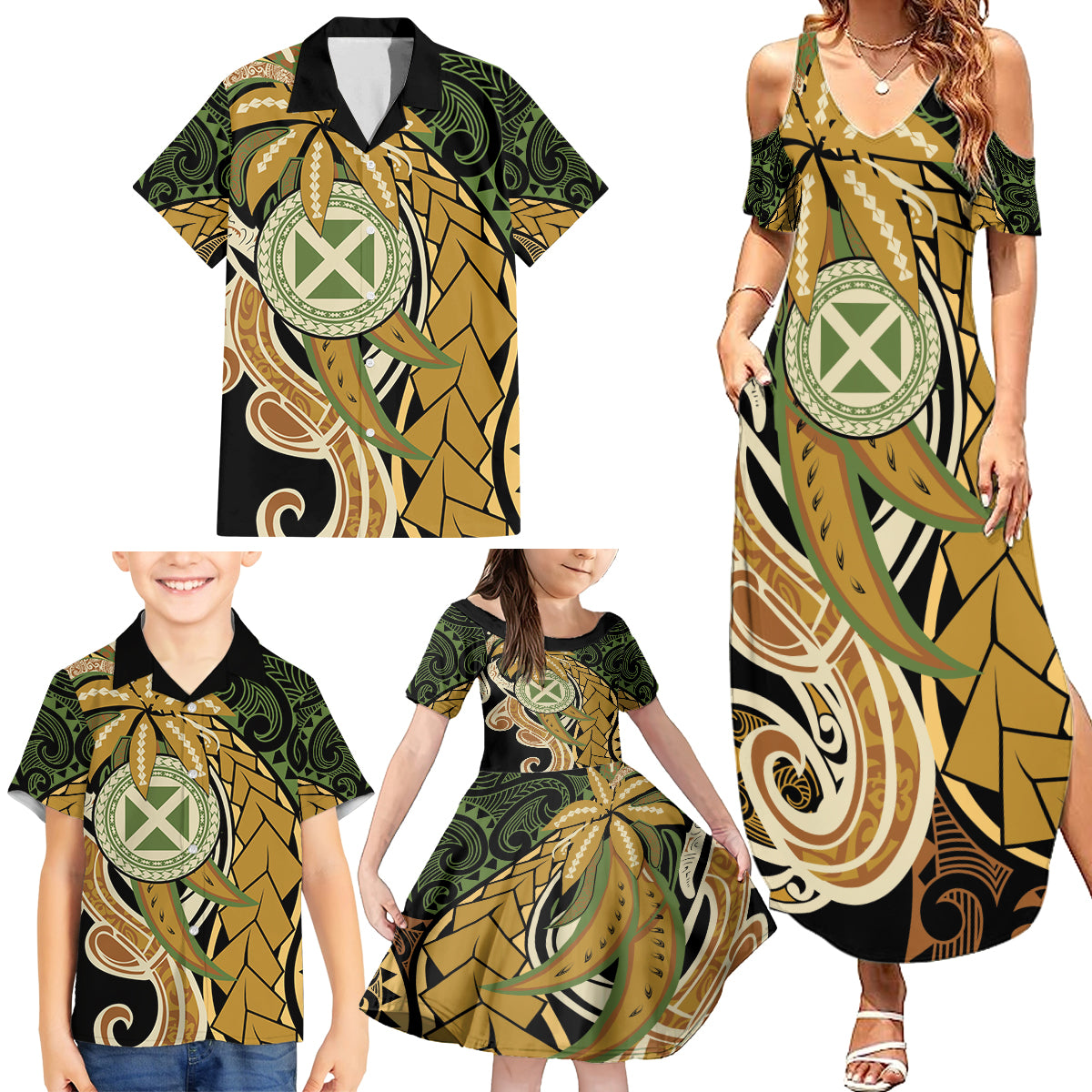 Wallis and Futuna Victory Day Family Matching Summer Maxi Dress and Hawaiian Shirt Since 1945 with Polynesian Platinum Floral Tribal LT9 - Polynesian Pride