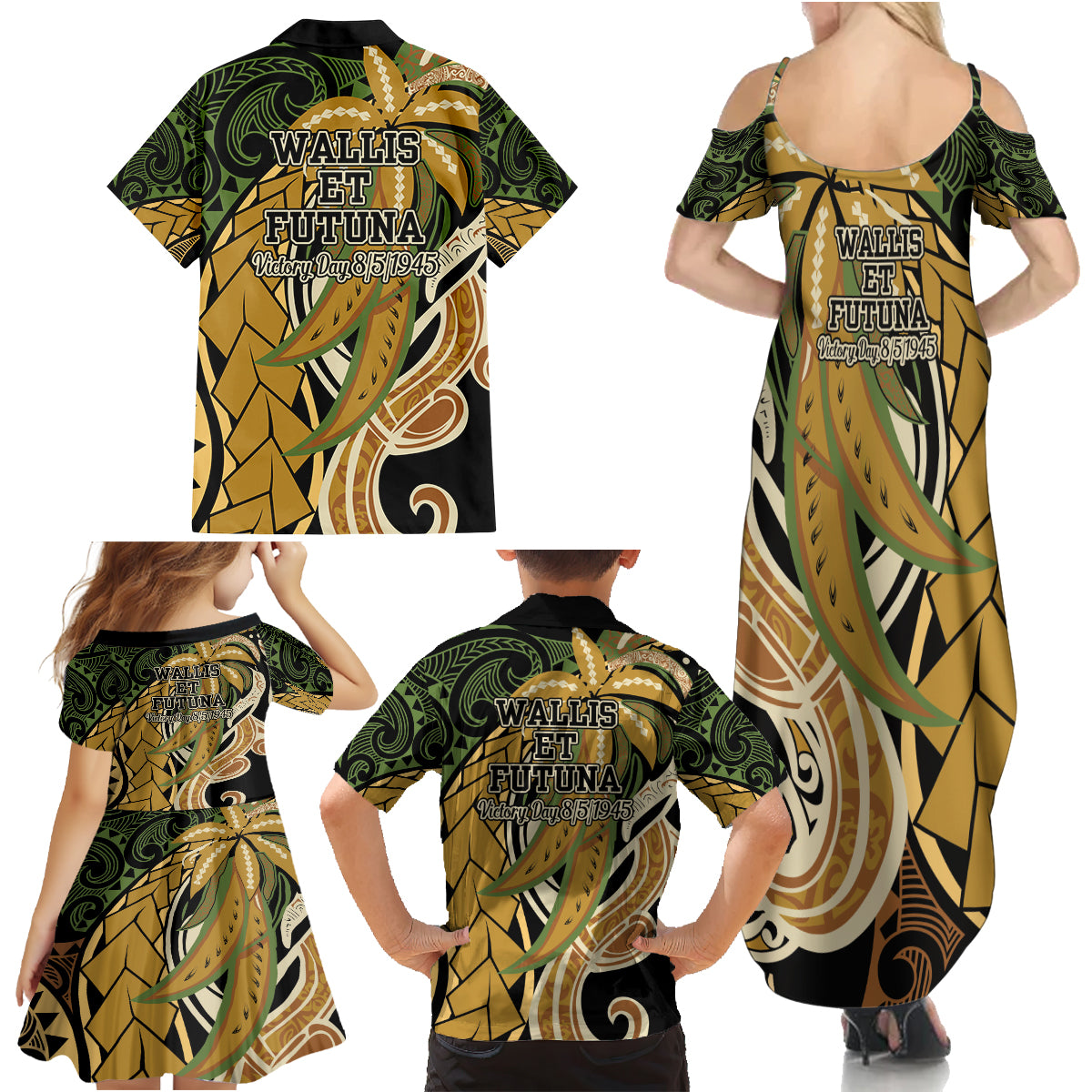Wallis and Futuna Victory Day Family Matching Summer Maxi Dress and Hawaiian Shirt Since 1945 with Polynesian Platinum Floral Tribal LT9 - Polynesian Pride