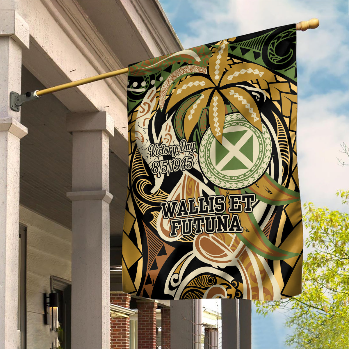 Wallis and Futuna Victory Day Garden Flag Since 1945 with Polynesian Platinum Floral Tribal