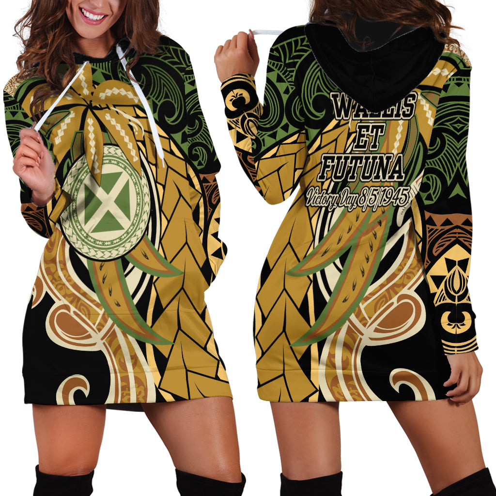 Wallis and Futuna Victory Day Hoodie Dress Since 1945 with Polynesian Platinum Floral Tribal LT9 - Polynesian Pride