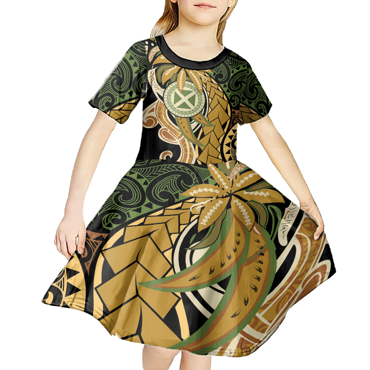 Wallis and Futuna Victory Day Kid Short Sleeve Dress Since 1945 with Polynesian Platinum Floral Tribal LT9 - Polynesian Pride