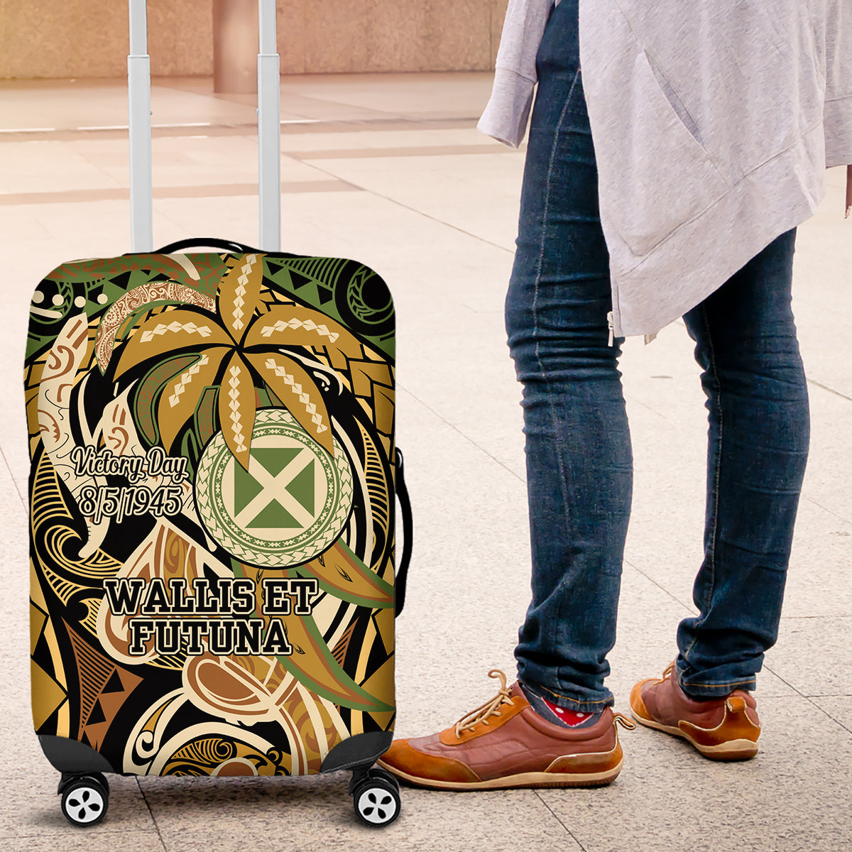 Wallis and Futuna Victory Day Luggage Cover Since 1945 with Polynesian Platinum Floral Tribal LT9 Red - Polynesian Pride