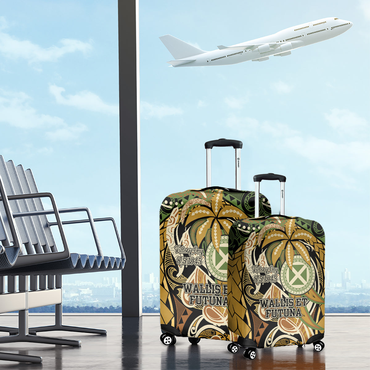 Wallis and Futuna Victory Day Luggage Cover Since 1945 with Polynesian Platinum Floral Tribal LT9 - Polynesian Pride