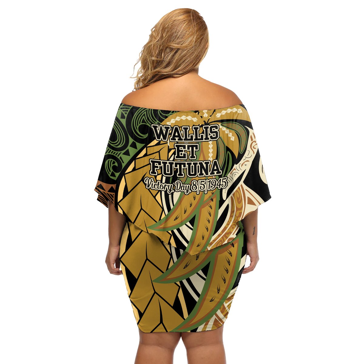 Wallis and Futuna Victory Day Off Shoulder Short Dress Since 1945 with Polynesian Platinum Floral Tribal LT9 - Polynesian Pride
