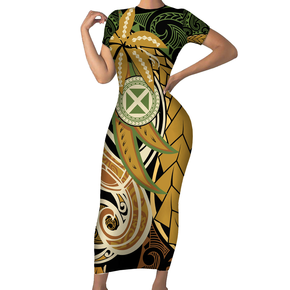 Wallis and Futuna Victory Day Short Sleeve Bodycon Dress Since 1945 with Polynesian Platinum Floral Tribal LT9 Long Dress Red - Polynesian Pride