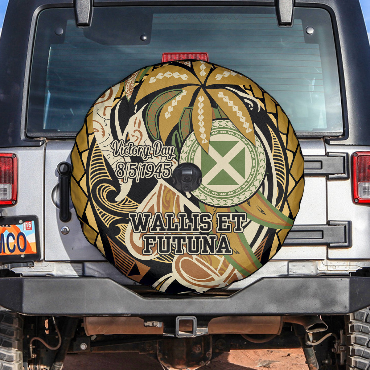 Wallis and Futuna Victory Day Spare Tire Cover Since 1945 with Polynesian Platinum Floral Tribal LT9 Red - Polynesian Pride
