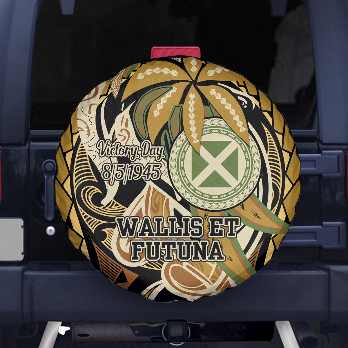 Wallis and Futuna Victory Day Spare Tire Cover Since 1945 with Polynesian Platinum Floral Tribal LT9 - Polynesian Pride