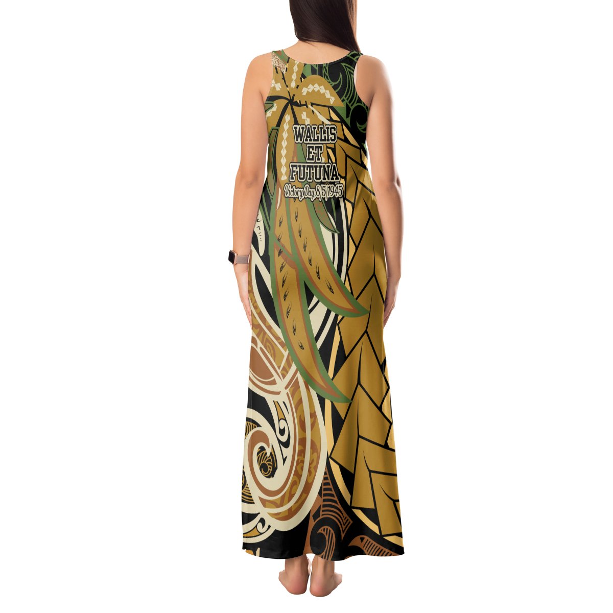 Wallis and Futuna Victory Day Tank Maxi Dress Since 1945 with Polynesian Platinum Floral Tribal LT9 - Polynesian Pride