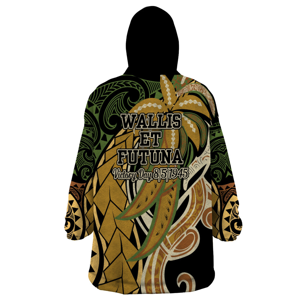 Wallis and Futuna Victory Day Wearable Blanket Hoodie Since 1945 with Polynesian Platinum Floral Tribal LT9 - Polynesian Pride