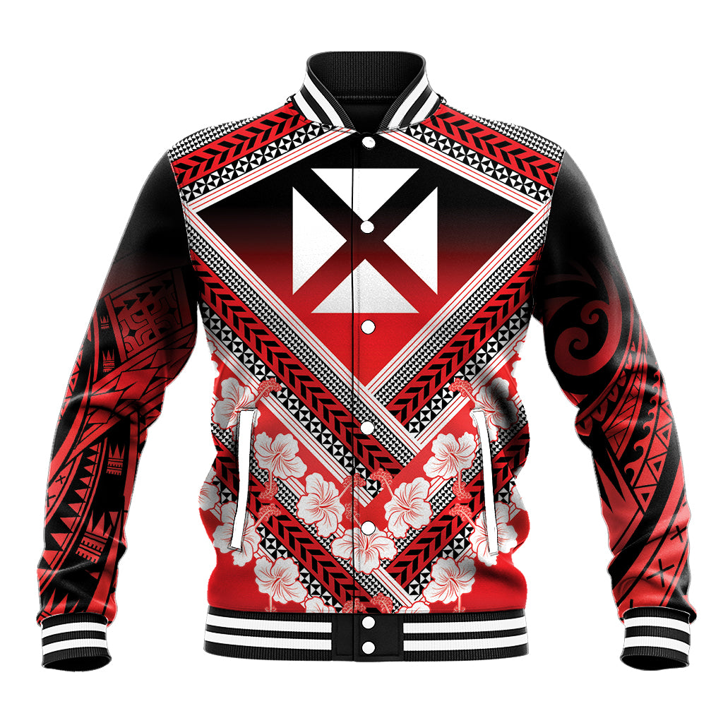 Personalised Wallis et Futuna Baseball Jacket Hibiscus and Polynesian Tribal Tattoos LT9 Unisex Red - Polynesian Pride