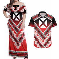 Personalised Wallis et Futuna Couples Matching Off Shoulder Maxi Dress and Hawaiian Shirt Hibiscus and Polynesian Tribal Tattoos LT9 Red - Polynesian Pride