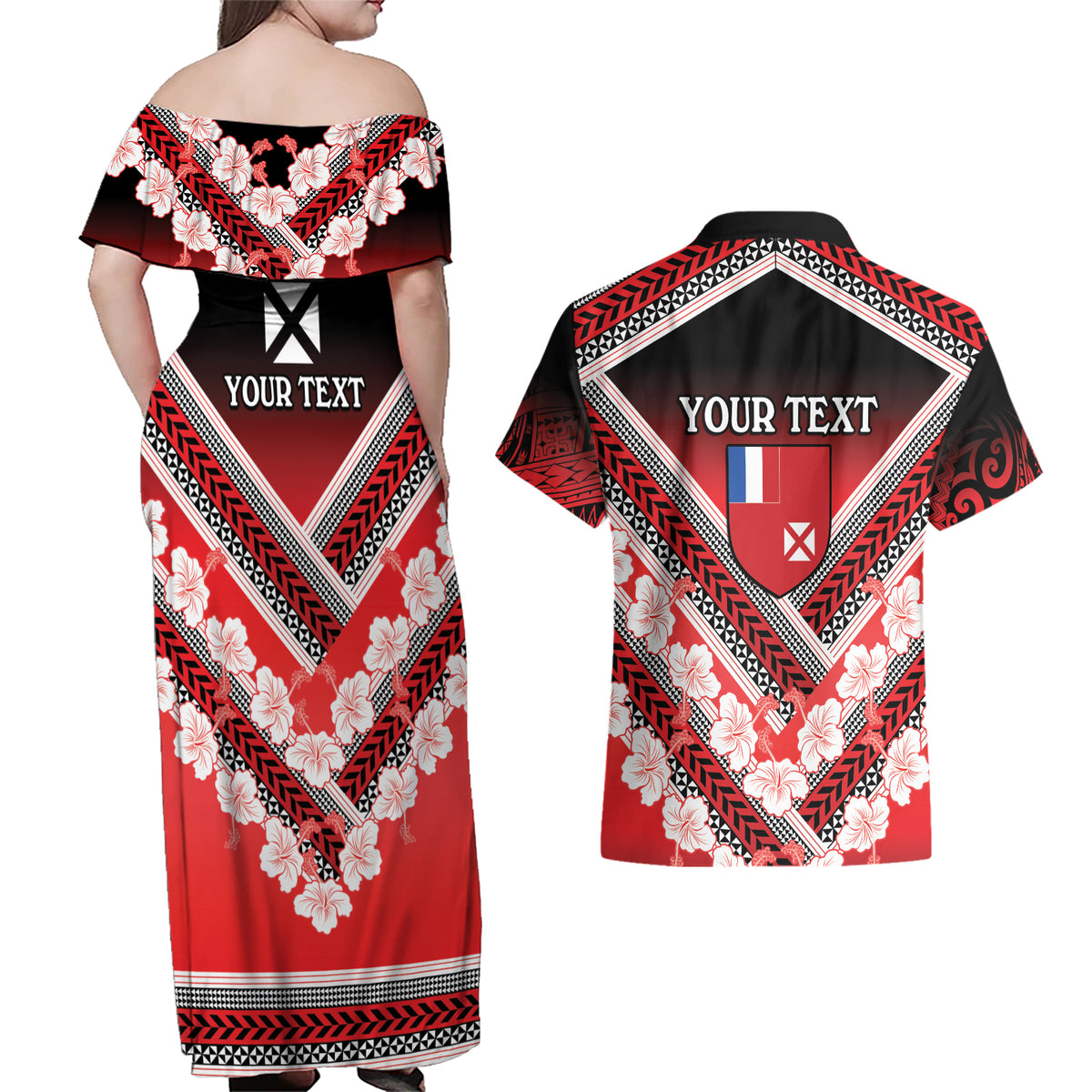 Personalised Wallis et Futuna Couples Matching Off Shoulder Maxi Dress and Hawaiian Shirt Hibiscus and Polynesian Tribal Tattoos LT9 - Polynesian Pride