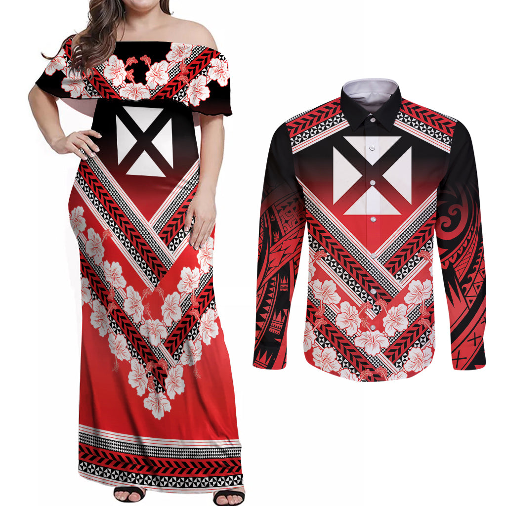 Personalised Wallis et Futuna Couples Matching Off Shoulder Maxi Dress and Long Sleeve Button Shirt Hibiscus and Polynesian Tribal Tattoos LT9 Red - Polynesian Pride