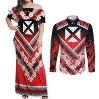 Personalised Wallis et Futuna Couples Matching Off Shoulder Maxi Dress and Long Sleeve Button Shirt Hibiscus and Polynesian Tribal Tattoos LT9 Red - Polynesian Pride