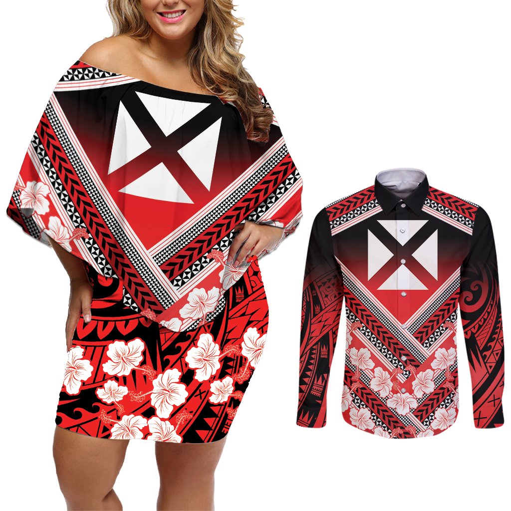 Personalised Wallis et Futuna Couples Matching Off Shoulder Short Dress and Long Sleeve Button Shirt Hibiscus and Polynesian Tribal Tattoos LT9 Red - Polynesian Pride
