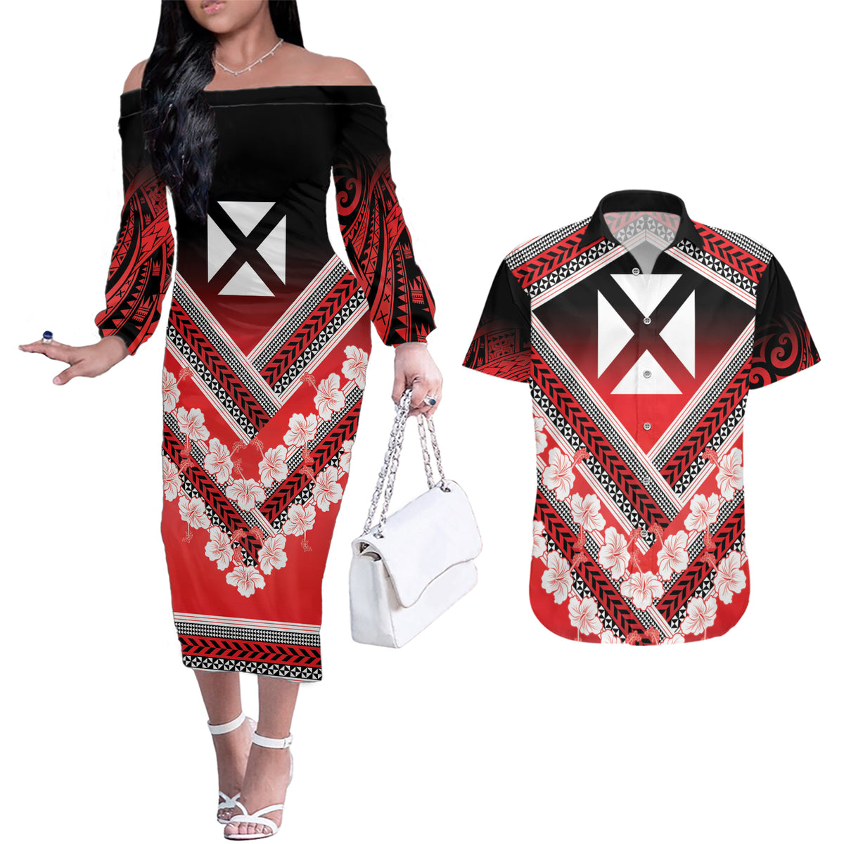 Personalised Wallis et Futuna Couples Matching Off The Shoulder Long Sleeve Dress and Hawaiian Shirt Hibiscus and Polynesian Tribal Tattoos LT9 Red - Polynesian Pride