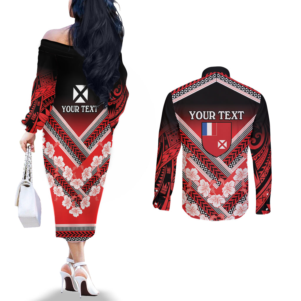 Personalised Wallis et Futuna Couples Matching Off The Shoulder Long Sleeve Dress and Long Sleeve Button Shirt Hibiscus and Polynesian Tribal Tattoos LT9 - Polynesian Pride