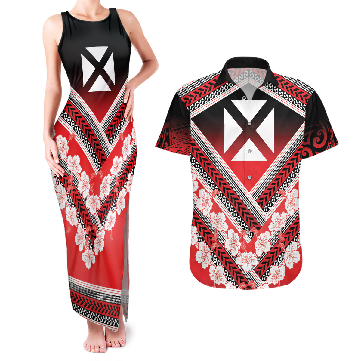 Personalised Wallis et Futuna Couples Matching Tank Maxi Dress and Hawaiian Shirt Hibiscus and Polynesian Tribal Tattoos LT9 Red - Polynesian Pride