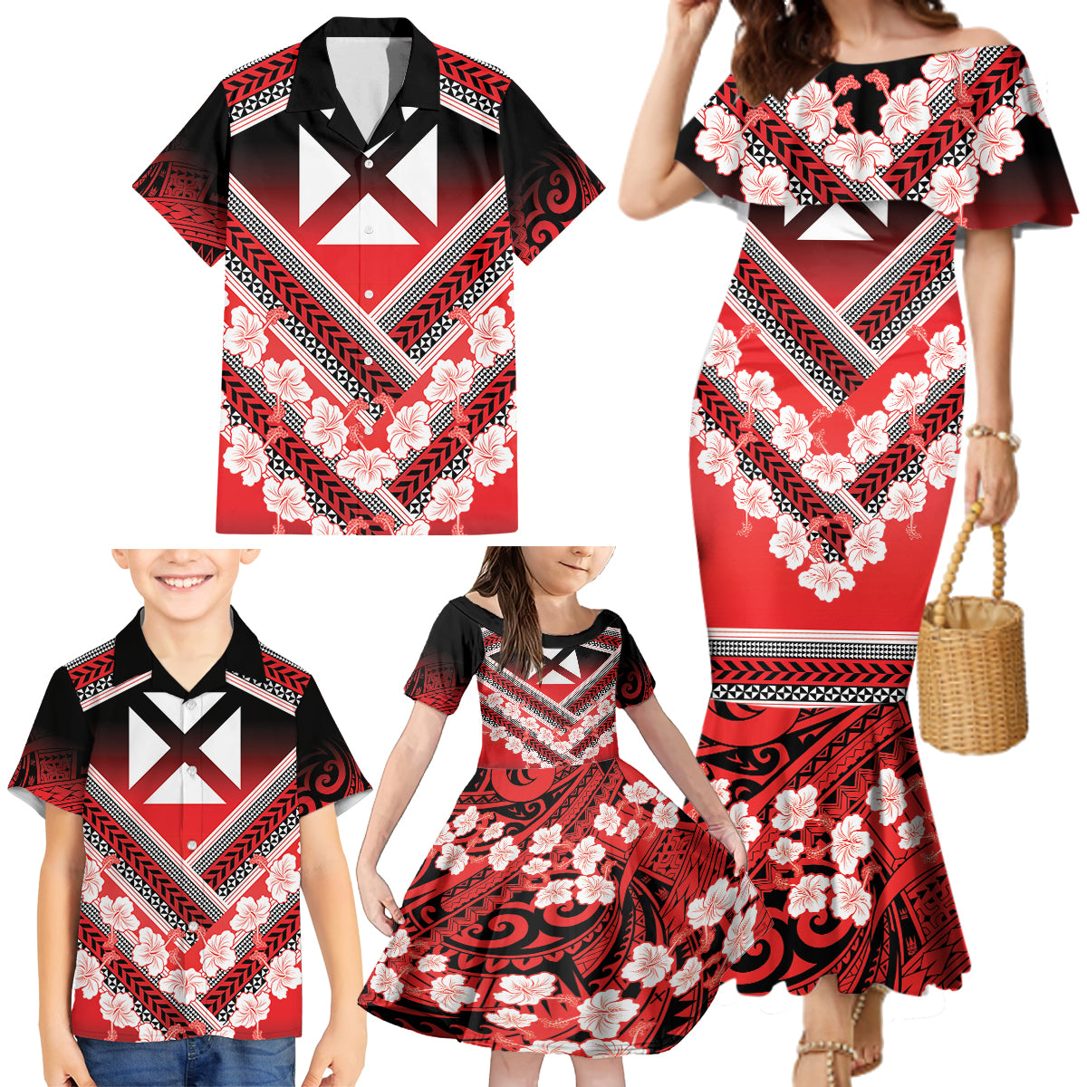 Personalised Wallis et Futuna Family Matching Mermaid Dress and Hawaiian Shirt Hibiscus and Polynesian Tribal Tattoos LT9 - Polynesian Pride