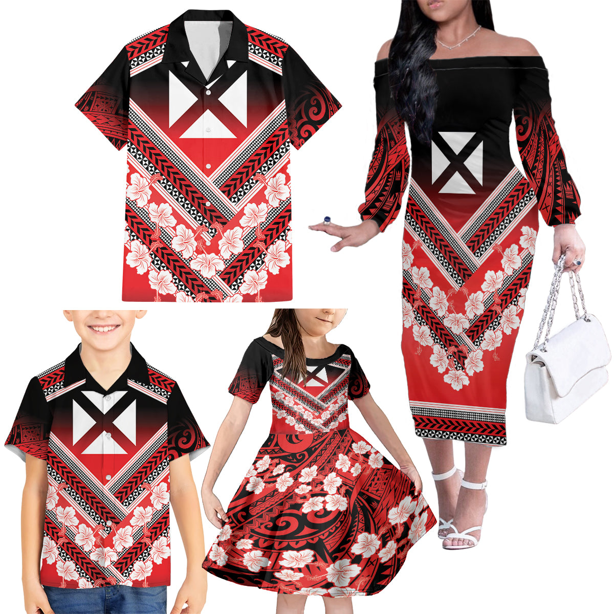 Personalised Wallis et Futuna Family Matching Off The Shoulder Long Sleeve Dress and Hawaiian Shirt Hibiscus and Polynesian Tribal Tattoos LT9 - Polynesian Pride