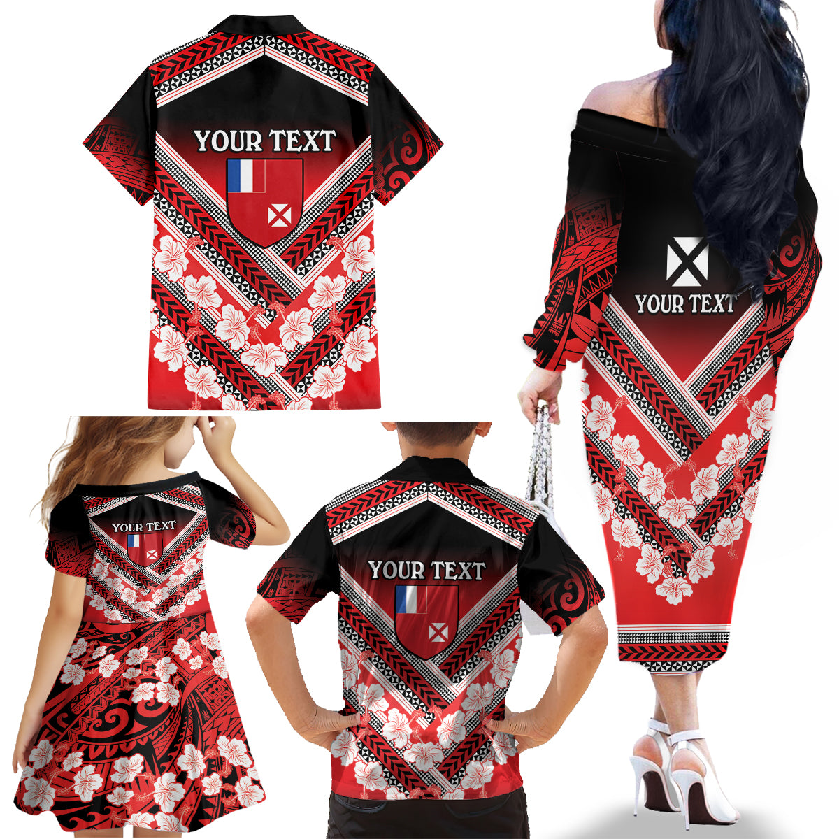 Personalised Wallis et Futuna Family Matching Off The Shoulder Long Sleeve Dress and Hawaiian Shirt Hibiscus and Polynesian Tribal Tattoos LT9 - Polynesian Pride