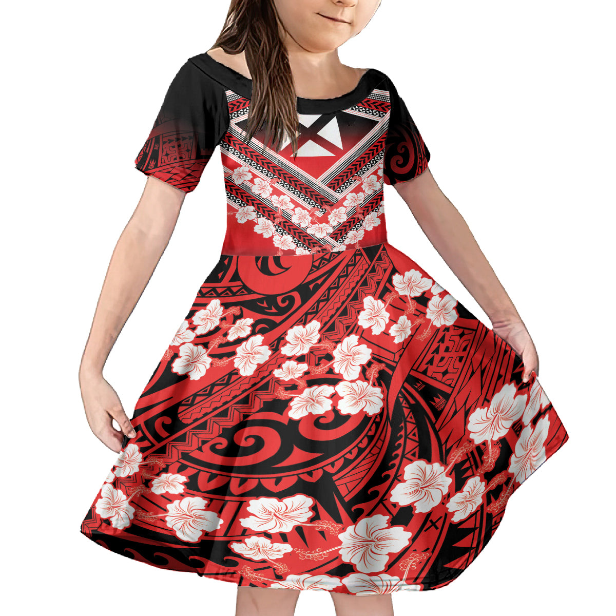 Personalised Wallis et Futuna Family Matching Off Shoulder Short Dress and Hawaiian Shirt Hibiscus and Polynesian Tribal Tattoos LT9 Daughter's Dress Red - Polynesian Pride