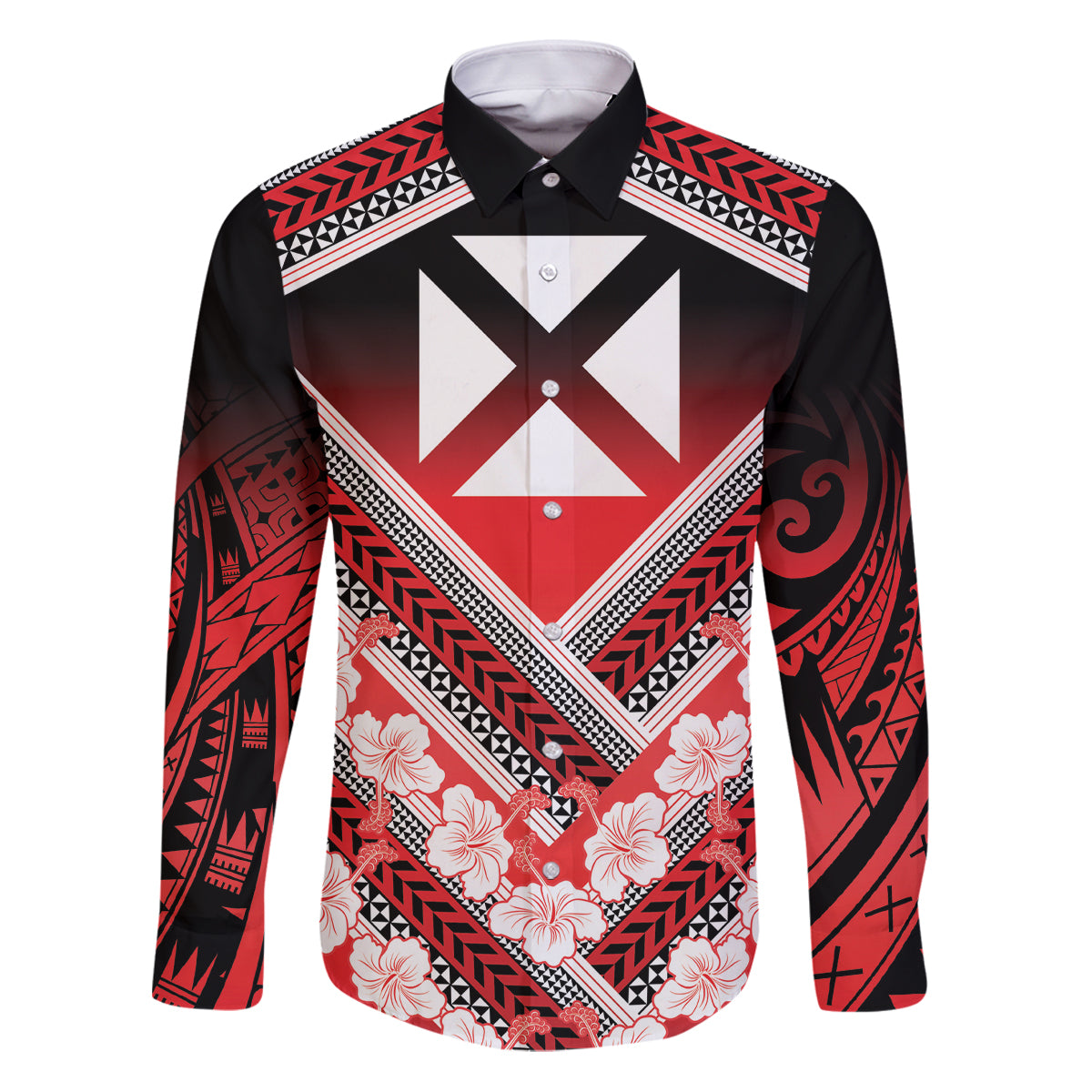 Personalised Wallis et Futuna Family Matching Puletasi and Hawaiian Shirt Hibiscus and Polynesian Tribal Tattoos LT9 Dad's Shirt - Long Sleeve Red - Polynesian Pride