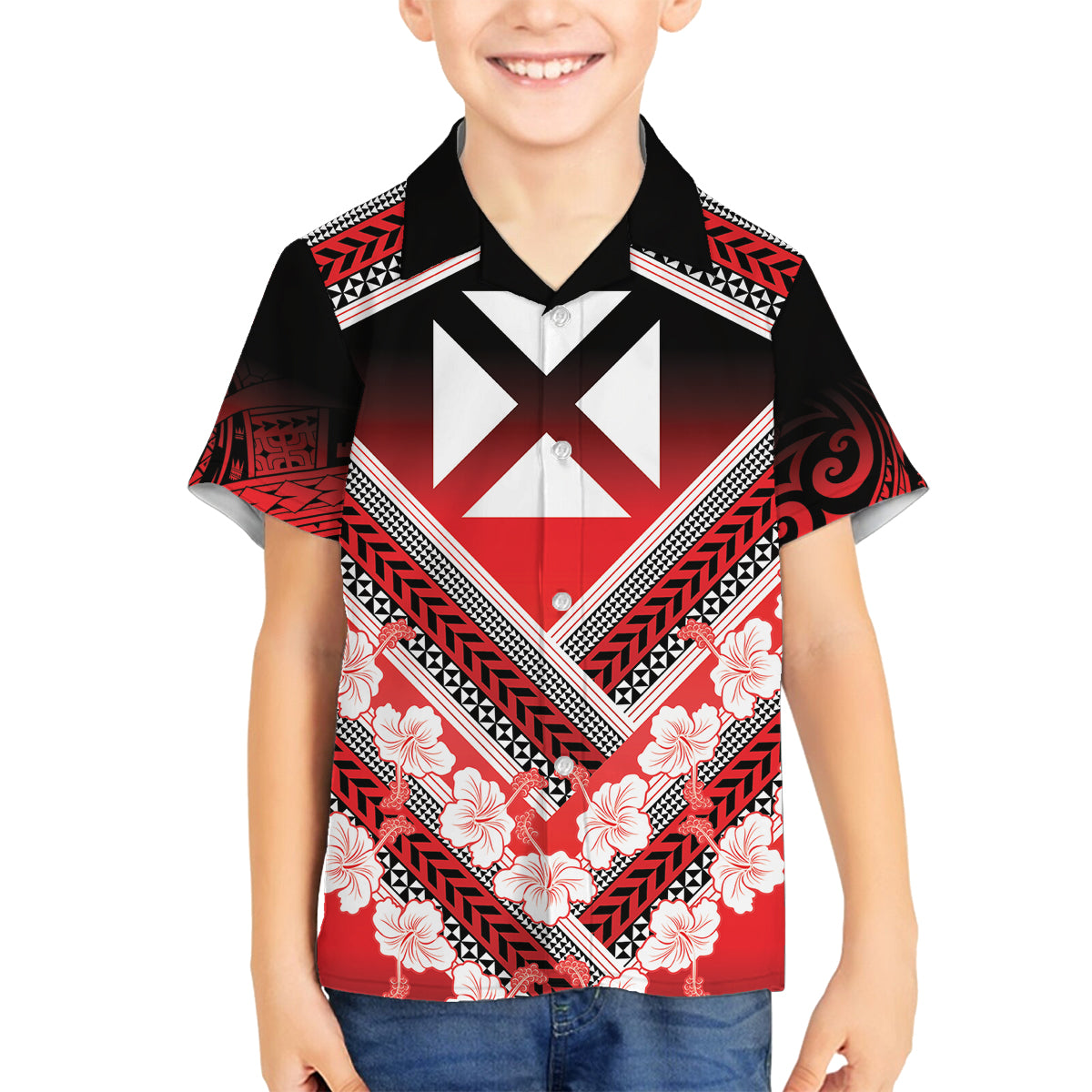 Personalised Wallis et Futuna Family Matching Puletasi and Hawaiian Shirt Hibiscus and Polynesian Tribal Tattoos LT9 Son's Shirt Red - Polynesian Pride
