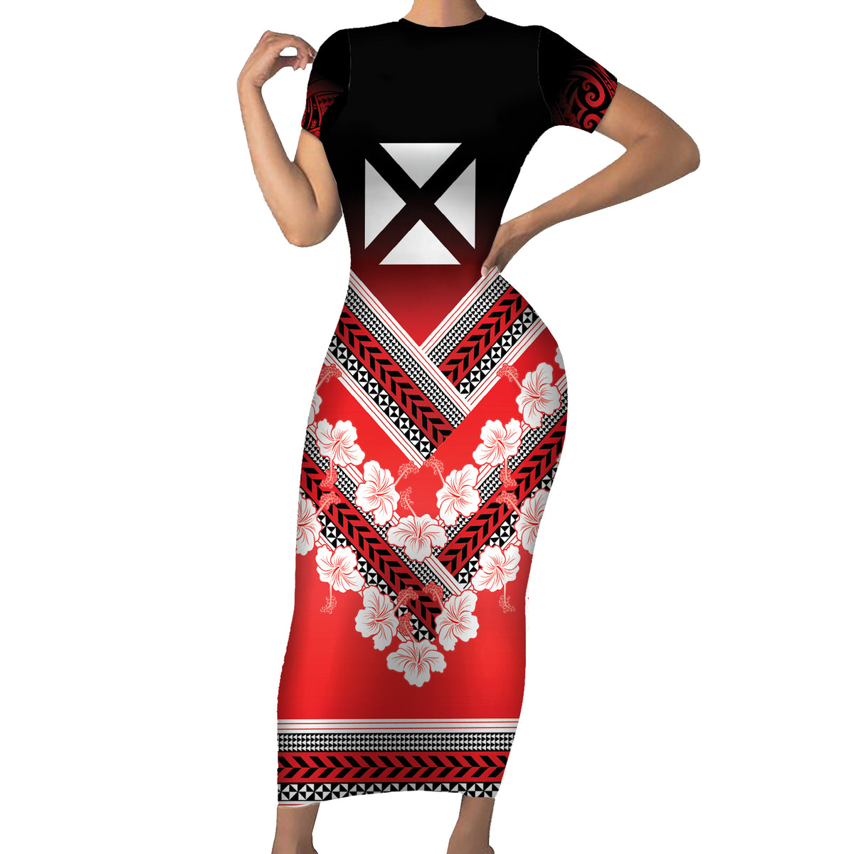 Personalised Wallis et Futuna Family Matching Short Sleeve Bodycon Dress and Hawaiian Shirt Hibiscus and Polynesian Tribal Tattoos LT9 Mom's Dress Red - Polynesian Pride