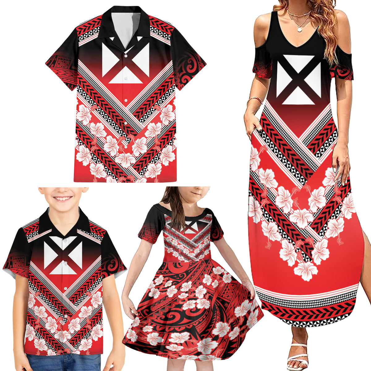 Personalised Wallis et Futuna Family Matching Summer Maxi Dress and Hawaiian Shirt Hibiscus and Polynesian Tribal Tattoos LT9 - Polynesian Pride
