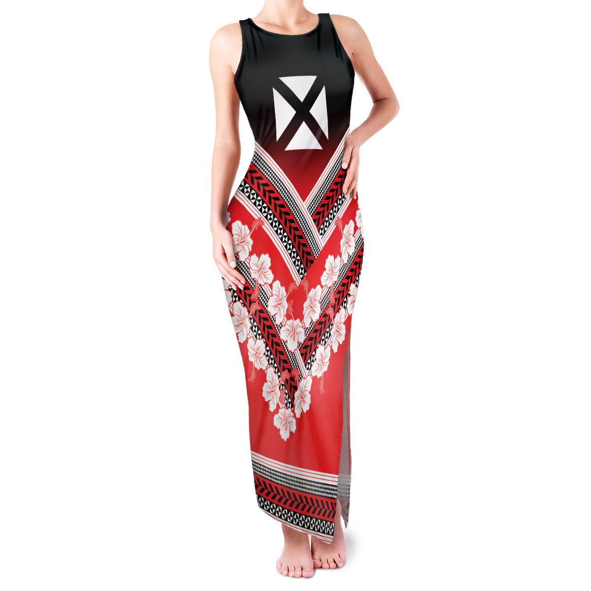Personalised Wallis et Futuna Family Matching Tank Maxi Dress and Hawaiian Shirt Hibiscus and Polynesian Tribal Tattoos LT9 Mom's Dress Red - Polynesian Pride
