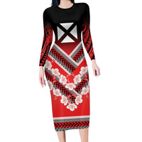 Personalised Wallis et Futuna Long Sleeve Bodycon Dress Hibiscus and Polynesian Tribal Tattoos LT9 Long Dress Red - Polynesian Pride
