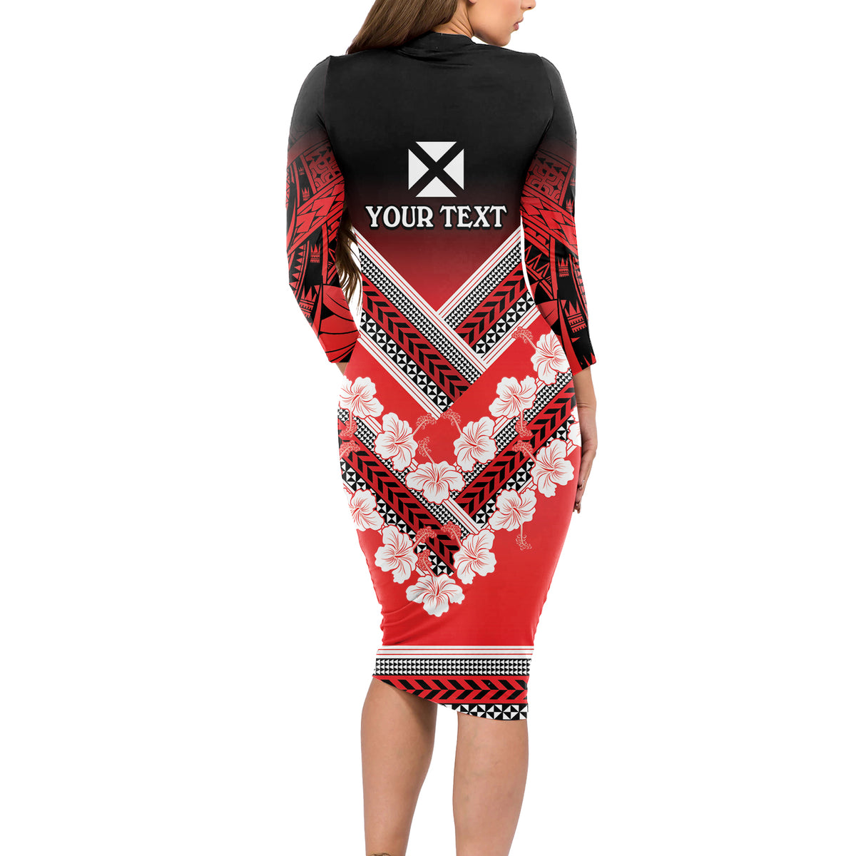 Personalised Wallis et Futuna Long Sleeve Bodycon Dress Hibiscus and Polynesian Tribal Tattoos LT9 - Polynesian Pride