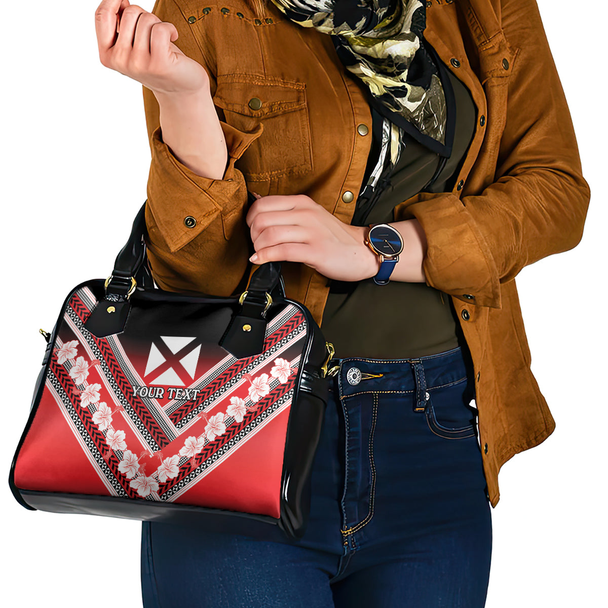 Personalised Wallis et Futuna Shoulder Handbag Hibiscus and Polynesian Tribal Tattoos