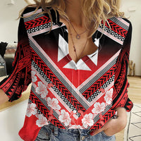 Personalised Wallis et Futuna Women Casual Shirt Hibiscus and Polynesian Tribal Tattoos LT9 Female Red - Polynesian Pride